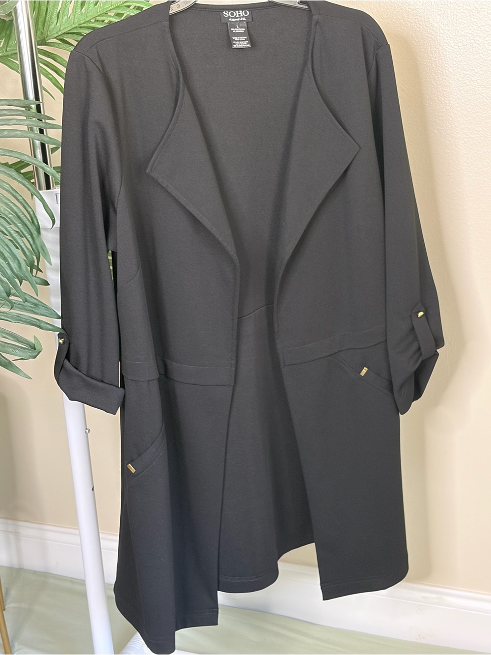 Black Open Front Blazer Cardigan SOHO Large Waterfall Drape Work Office Jacket - Picture 3 of 9